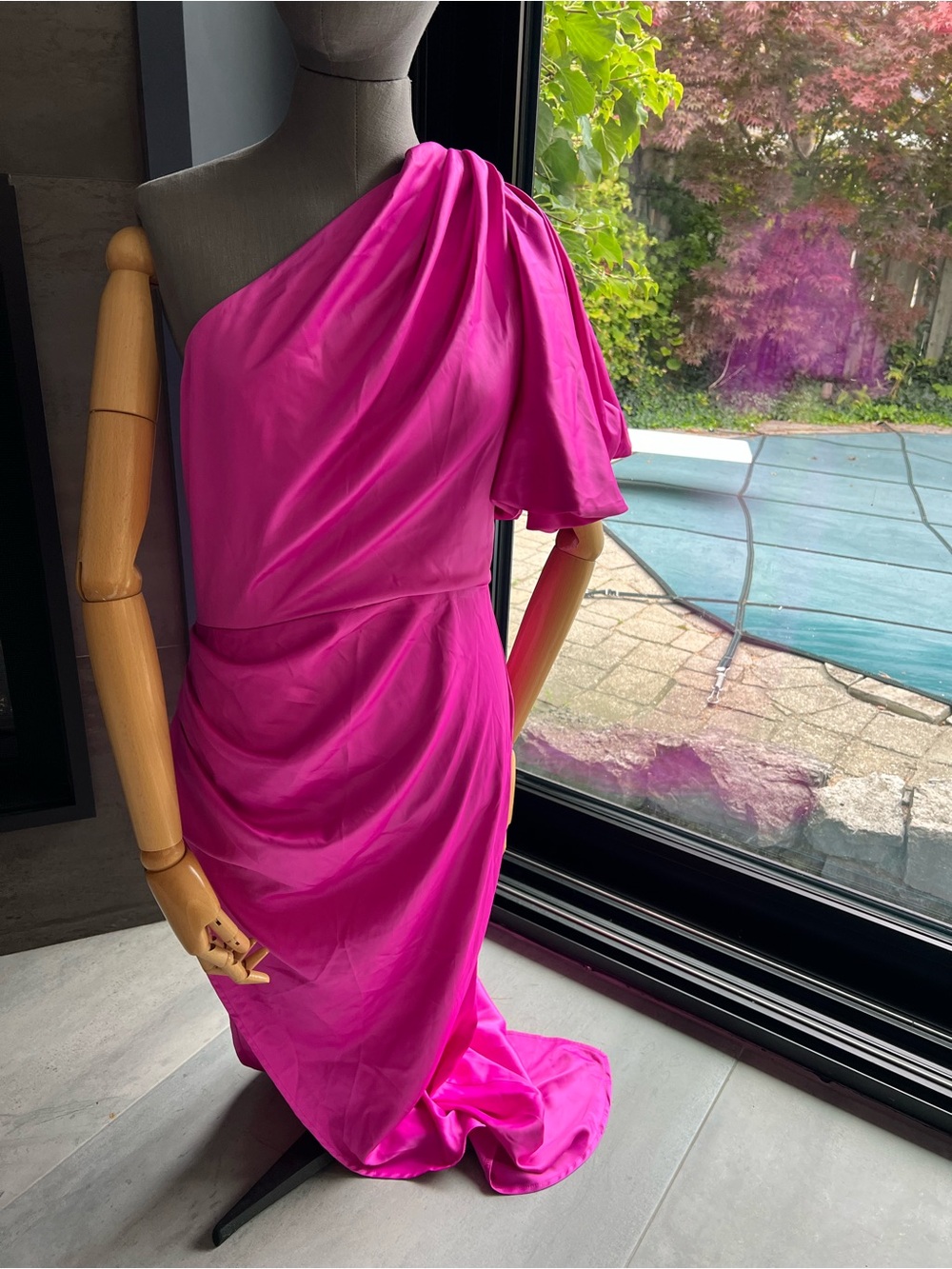 Boohoo One-Shoulder Hot Pink Draped Evening Gown - Picture 3 of 9
